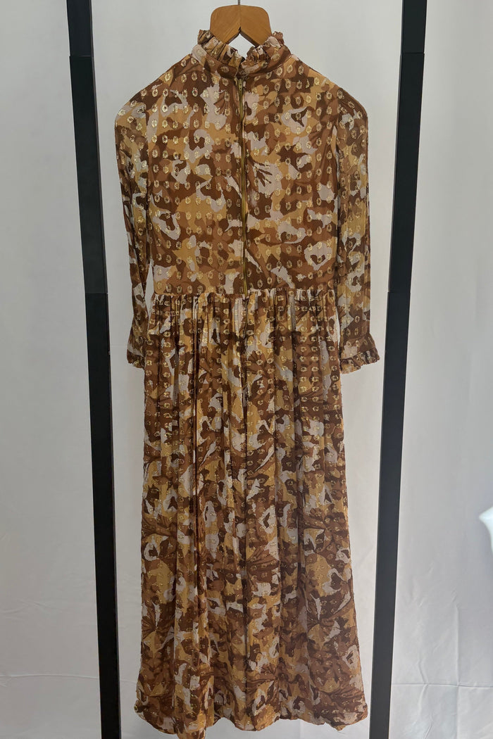 1970 Prairie tea dress with high ruffle neck and sleeves brown with gold fleck