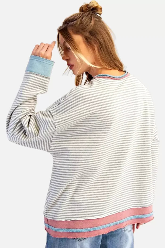 Colorblock Accents Grey Striped Pullover
