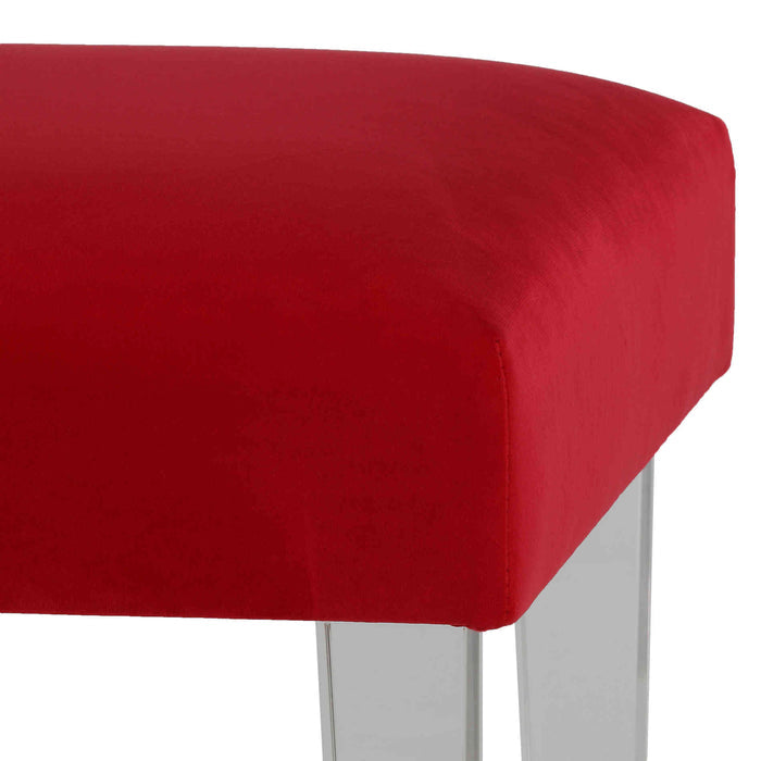 Cortesi Home Whitecrest Bench Ottoman with Clear Acrylic Legs 24" Wide, Red Velvet