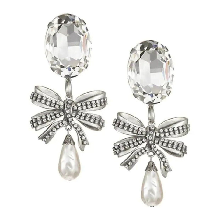 Alessandra Rich Crystal Bow Pearl Drop Earring - Runway Catalog