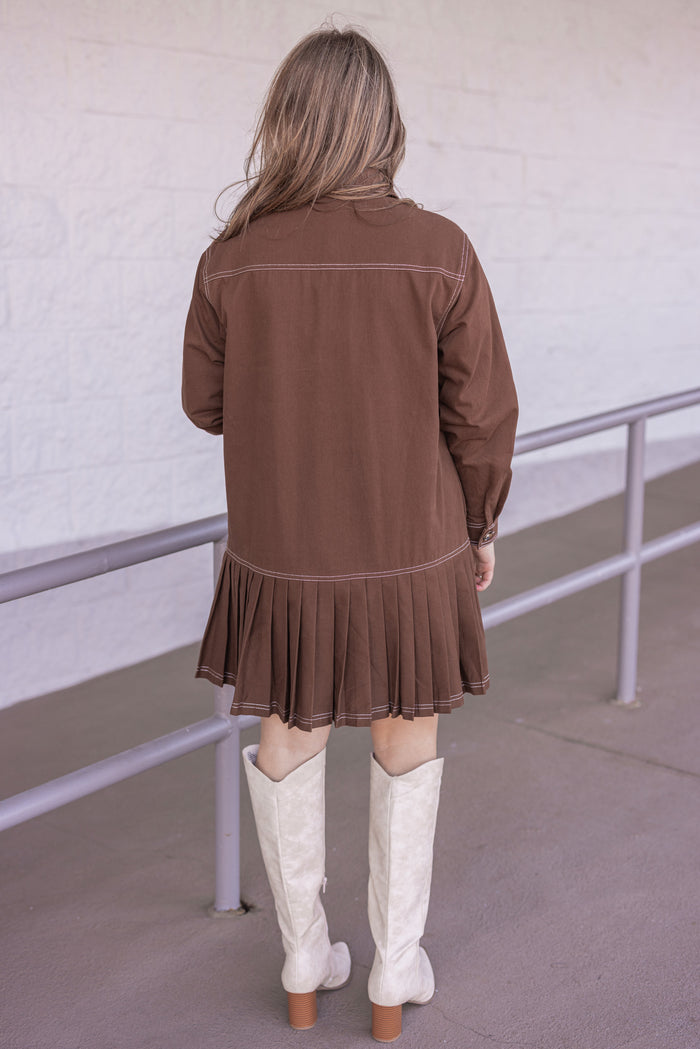 Women's brown denim twill button front dress with cream stitching trim by Entro showing full back view