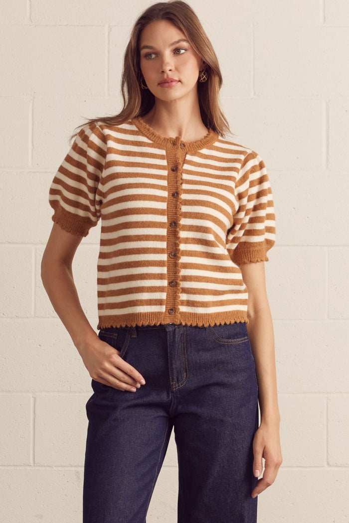 ENTRO Striped Short Puff Sleeve Cardigan In Camel