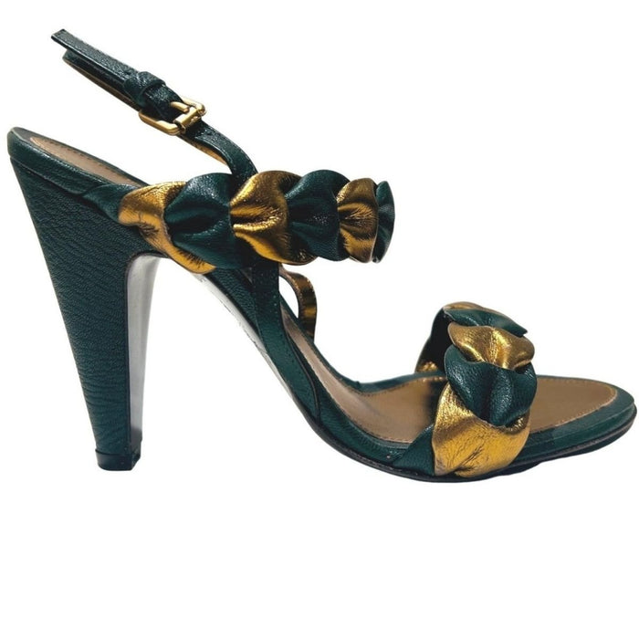 BCBGMAXAZRIA Green Gold Braided Leather Sandals - Runway Catalog