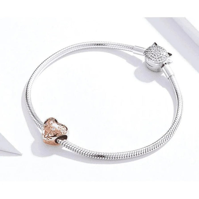 Heart - Shaped Retro Pattern Silver Beads - 925 Silver, Rose Gold Plated, Sparkling Zircon Accents - 1.1cm x 1.1cm - DiyCraftsProject