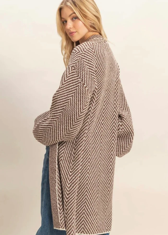 Women's brown and cream herringbone knit open front sweater cardigan by HYFVE showing back view