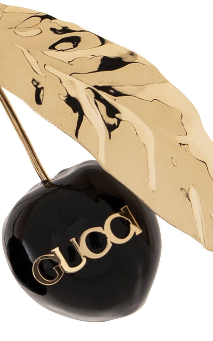 Gucci Logo - print Enamel Cherry Brooch - Runway Catalog