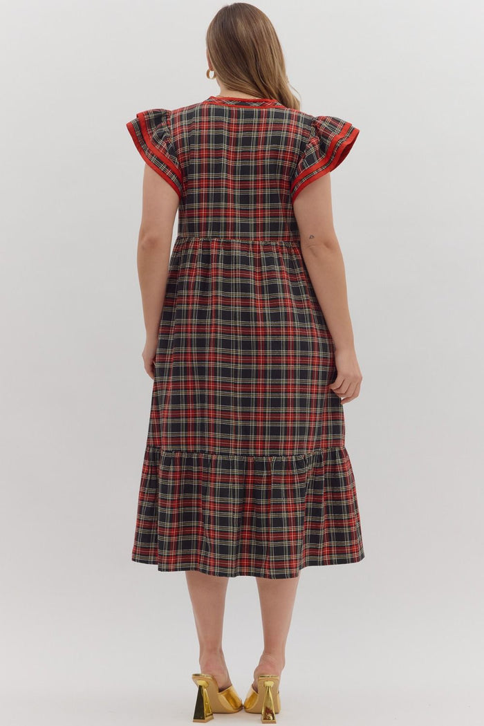 Women's black and red plaid midi dress with red trim by Entro in plus showing back view