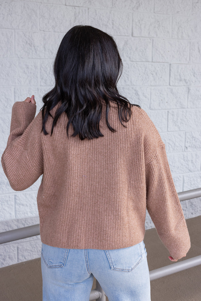 Women's cocoa brown ribbed knit sweater by Wishlist showing up close back view
