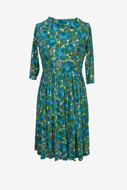 1960s aqua blue & green country print dress