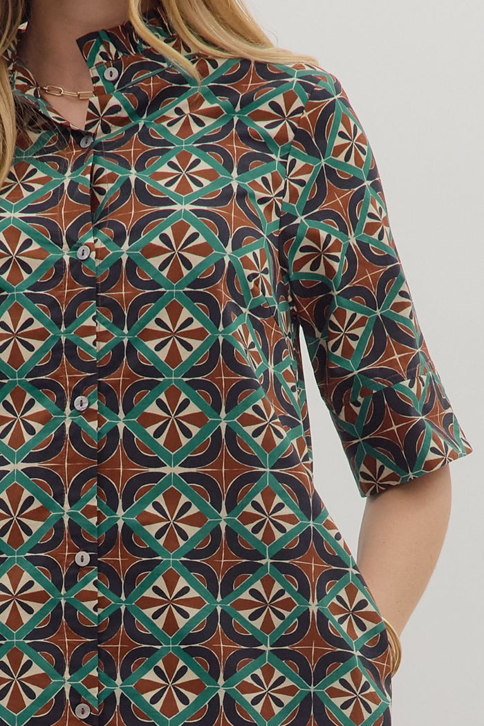 entro geometric printed fall brown midi dress upclose
