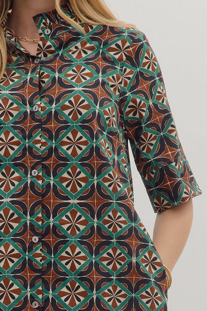 entro geometric printed fall brown midi dress upclose
