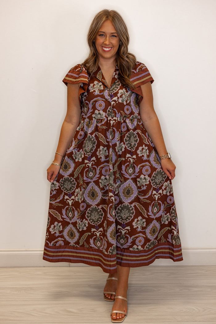 Women's trendy and perfect for fall red bean burgundy midi dress with multicolor abstract print by Entro