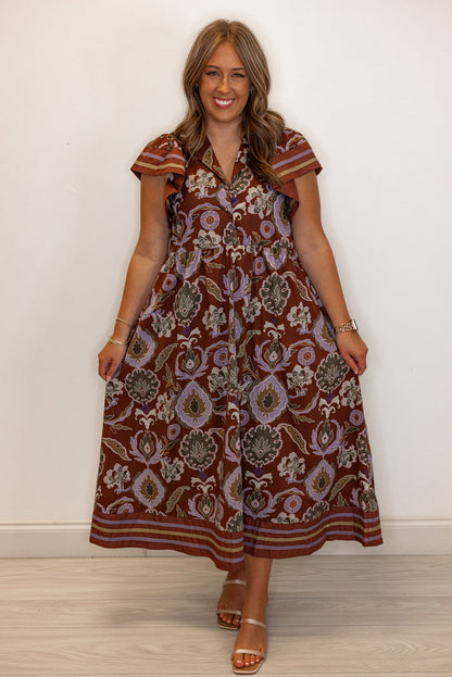 Women's trendy and perfect for fall red bean burgundy midi dress with multicolor abstract print by Entro