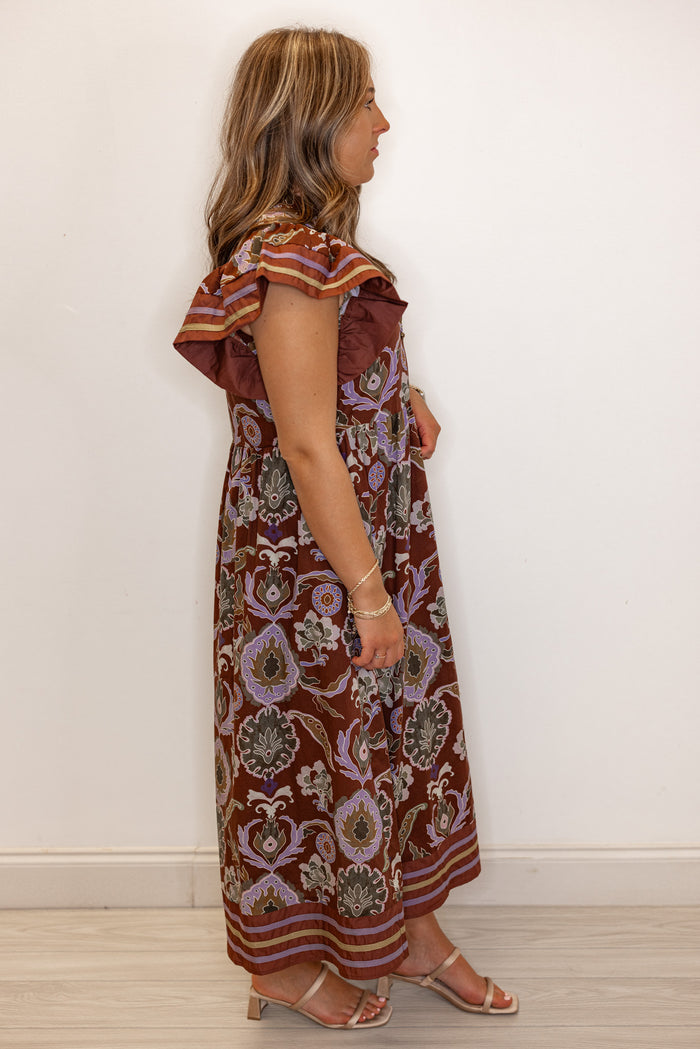 Women's red bean burgundy midi dress with multicolor abstract print by Entro showing full side view