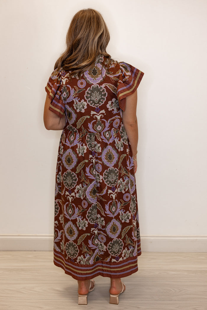 Women's red bean burgundy midi dress with multicolor abstract print by Entro showing full back view