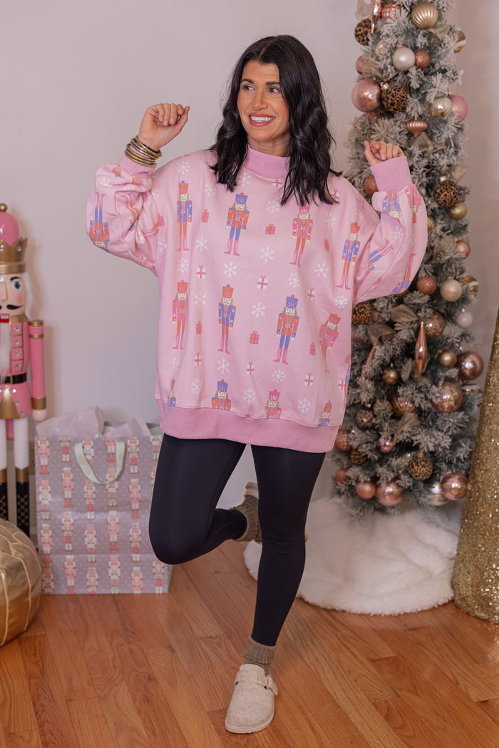 Christmas nutcrackers mock neck sweatshirt by Katydid showing full front view