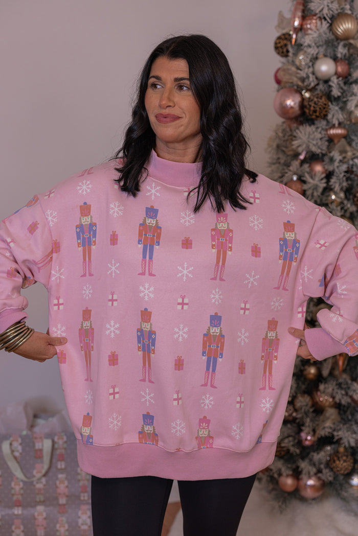 Christmas nutcrackers mock neck sweatshirt by Katydid showing true to size fit