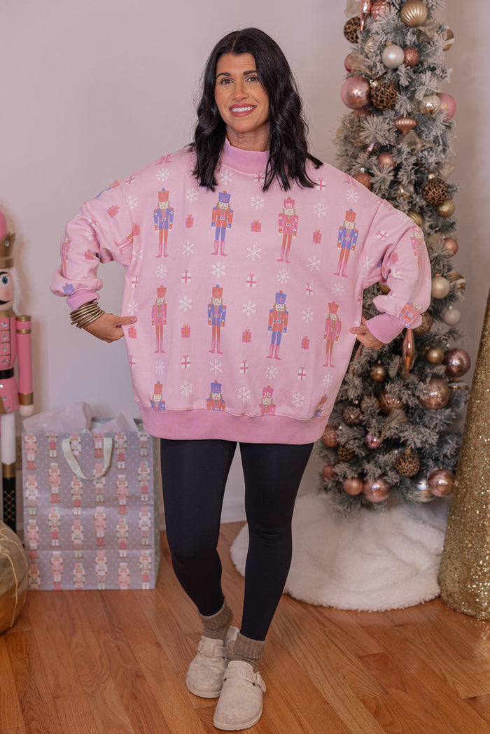 Christmas nutcrackers mock neck sweatshirt by Katydid showing relaxed fit