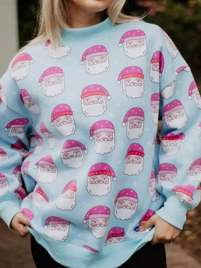 oversized Santa Christmas mock neck sweatshirt details