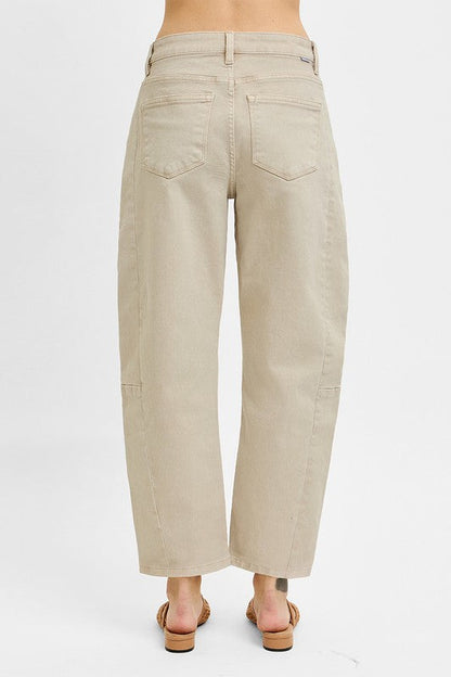 Risen Jeans almond denim barrel jeans with no rips showing back view