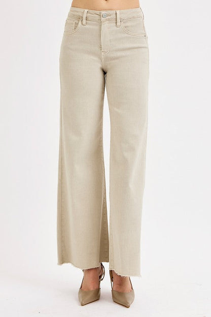 Risen Jeans almond denim wide leg palazzo jeans with tummy control showing close up front view