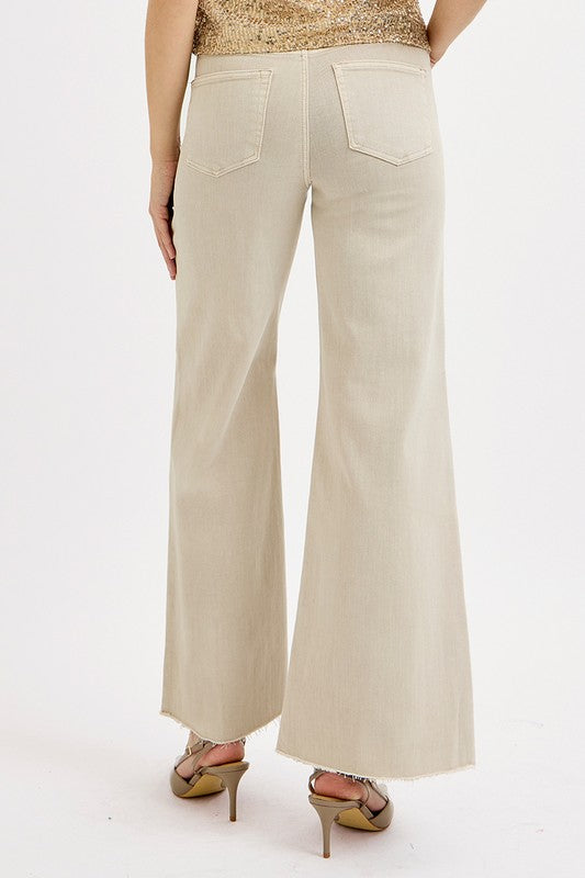 Risen Jeans almond denim wide leg palazzo jeans with tummy control showing back view