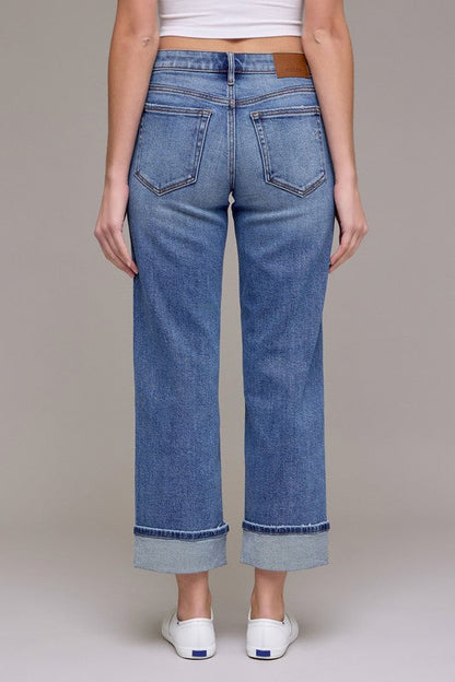 Hidden Jeans classic straight leg Ella jeans in medium washed blue with rolled cuffs showing back view