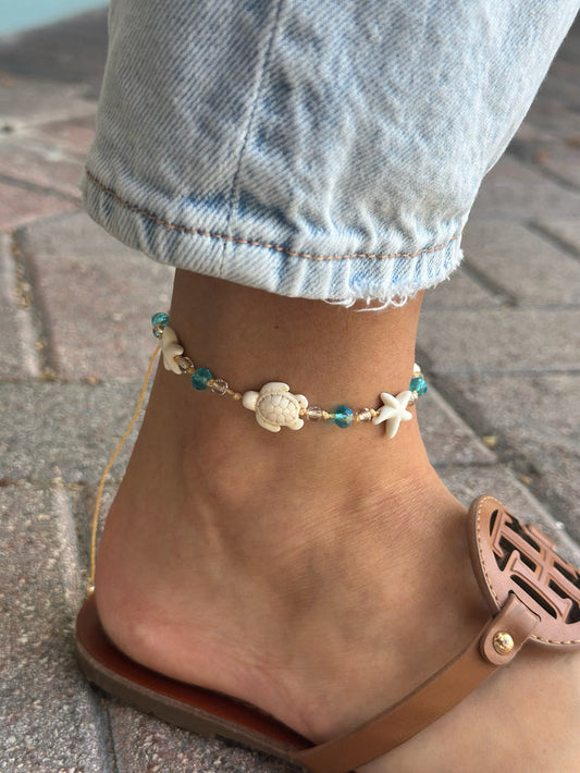 starfish and turtle anklet with aqua beads