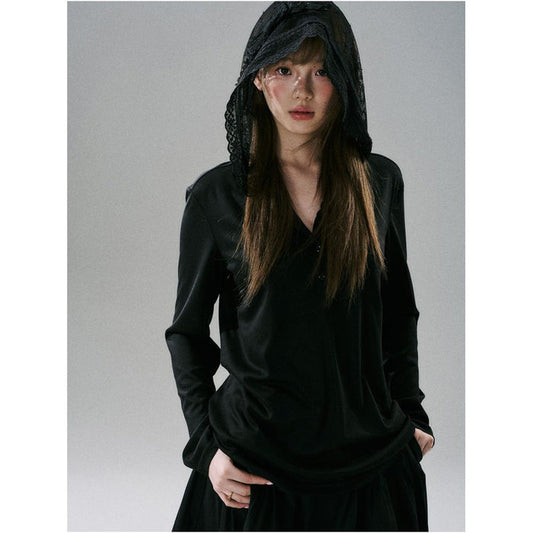 ASAYA5157 – Noir Lace Hood Blouse 🖤✨