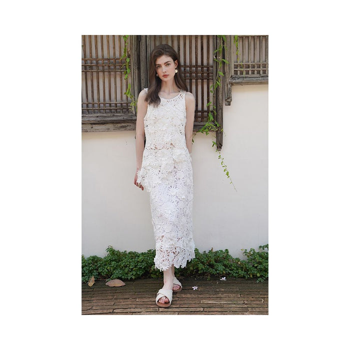 miorastudio Summer Capsule Collection French Crochet Heavy Ink White 3D Floral Lace Irregular Top image 0