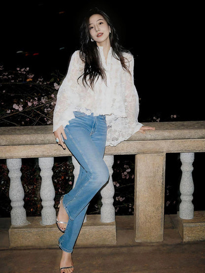 ASAYA5499– Midnight Bloom Lace Blouse 🤍🌙