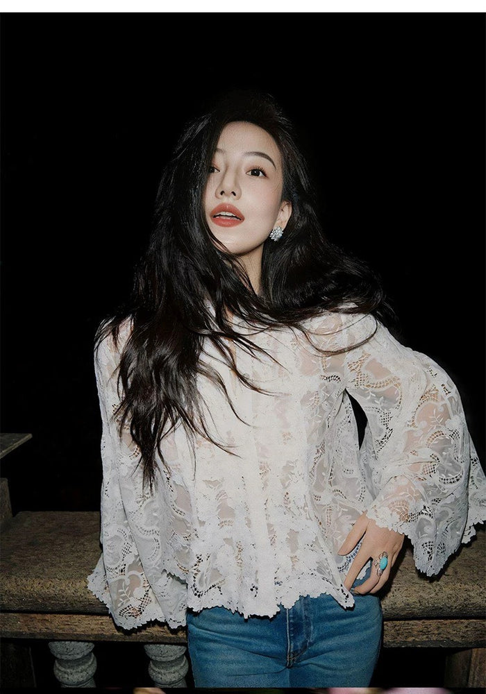 ASAYA5499– Midnight Bloom Lace Blouse 🤍🌙