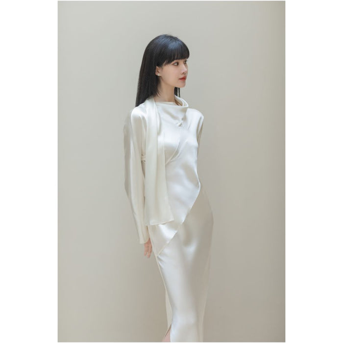 SAKINAWANG 22 Summer Silk Crepe Slant Cut Scarf Style Slim Fit Waist Long Sleeve Dress Solid Color image 1