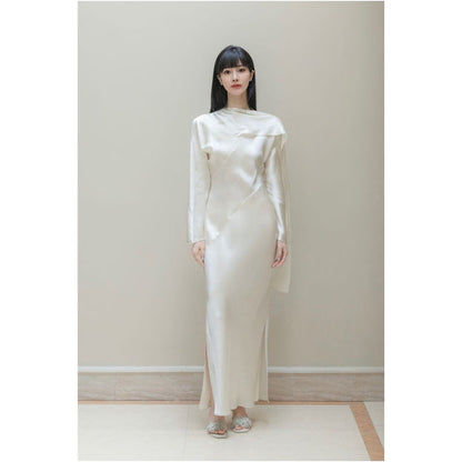 SAKINAWANG 22 Summer Silk Crepe Slant Cut Scarf Style Slim Fit Waist Long Sleeve Dress Solid Color image 2