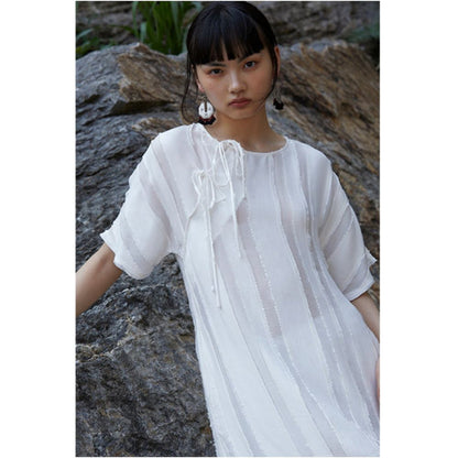PaleBlueDot Blue Dot Original Designer White Striped Hollow Oblique Front Improved Cheongsam Dress image 3