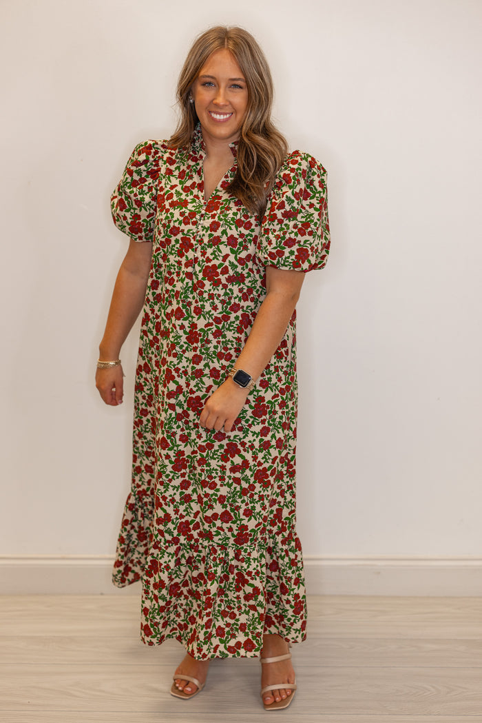 Women's ecru midi dress with burgundy, pink and green floral print by Entro showing full front view