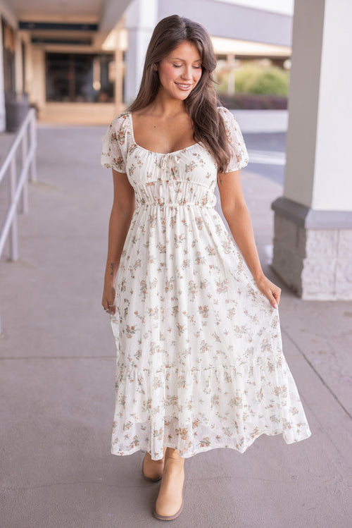 Women's cream midi dress with mustard and olive floral print sheer overlay by Blu Pepper