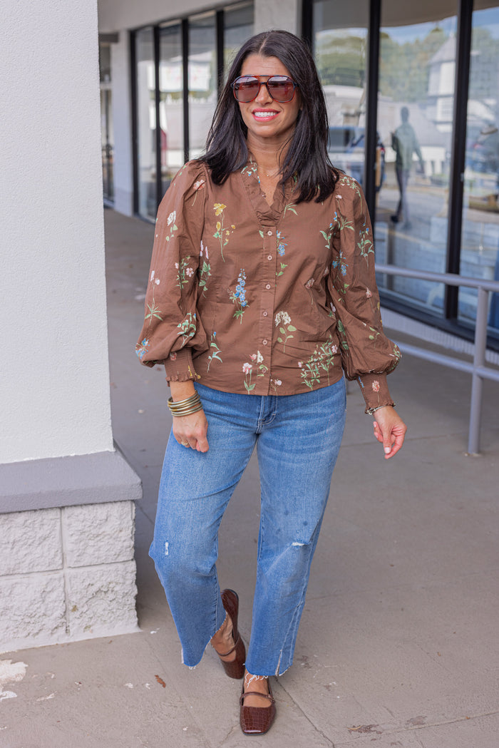 Women's brown multicolor floral print button front poplin top by Entro showing full front view