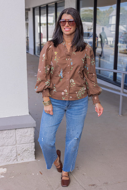 Women's brown multicolor floral print button front poplin top by Entro showing full front view