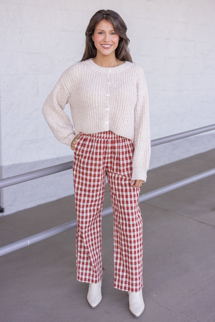 Women's rust and taupe plaid wide leg pants by Wishlist