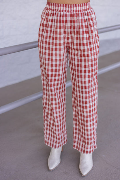 Women's rust and taupe plaid wide leg pants by Wishlist showing up close front view