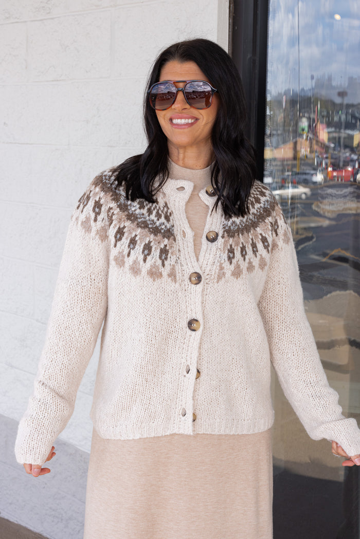 Women's Ivory button front sweater cardigan with print around the shoulders by Blu Pepper