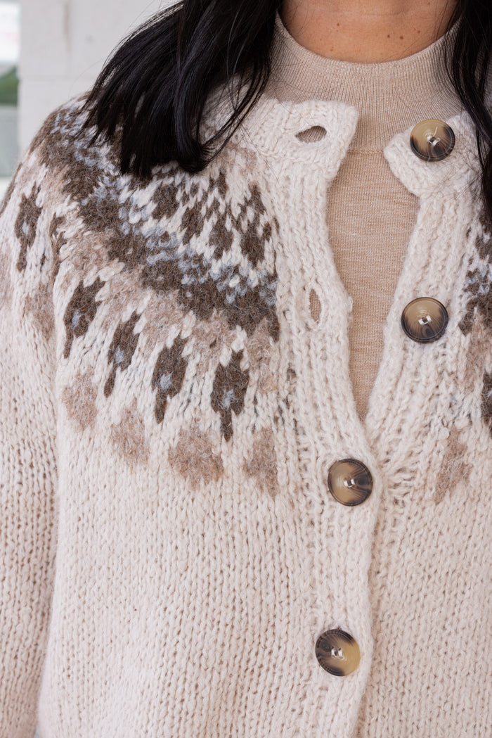 Women's Ivory button front sweater cardigan with print around the shoulders by Blu Pepper showing button front closures on bodice