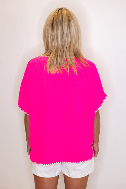 women's bright pink white trim casual cute top