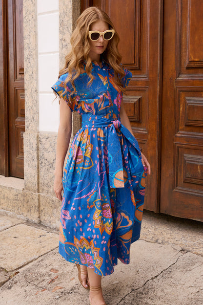 Belted Shirt Dress- Antico Blue