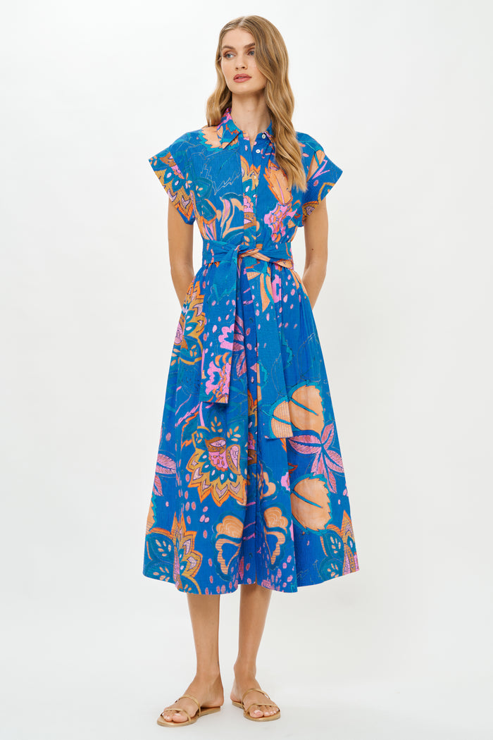 Belted Shirt Dress- Antico Blue