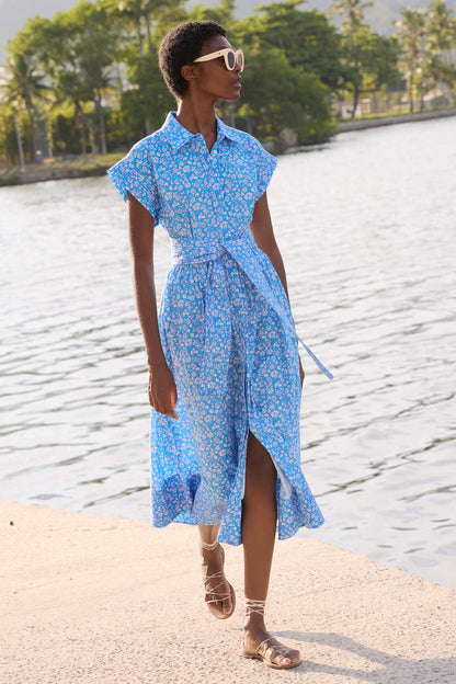 Belted Shirt Dress- Ditsy Blue
