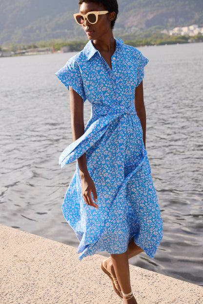 Belted Shirt Dress- Ditsy Blue