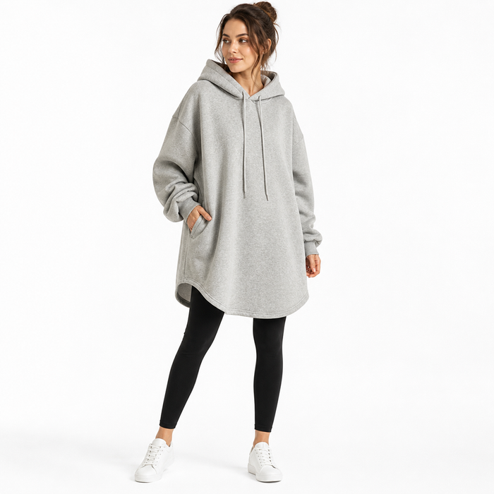 Close-up view of the hoodie neckline and drawstring hood, showing the front construction and relaxed shoulder line in detail.