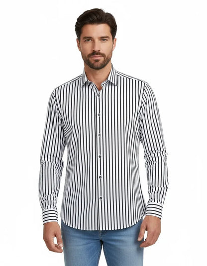 Black Stripe Print Long Sleeve Shirt-Makrom